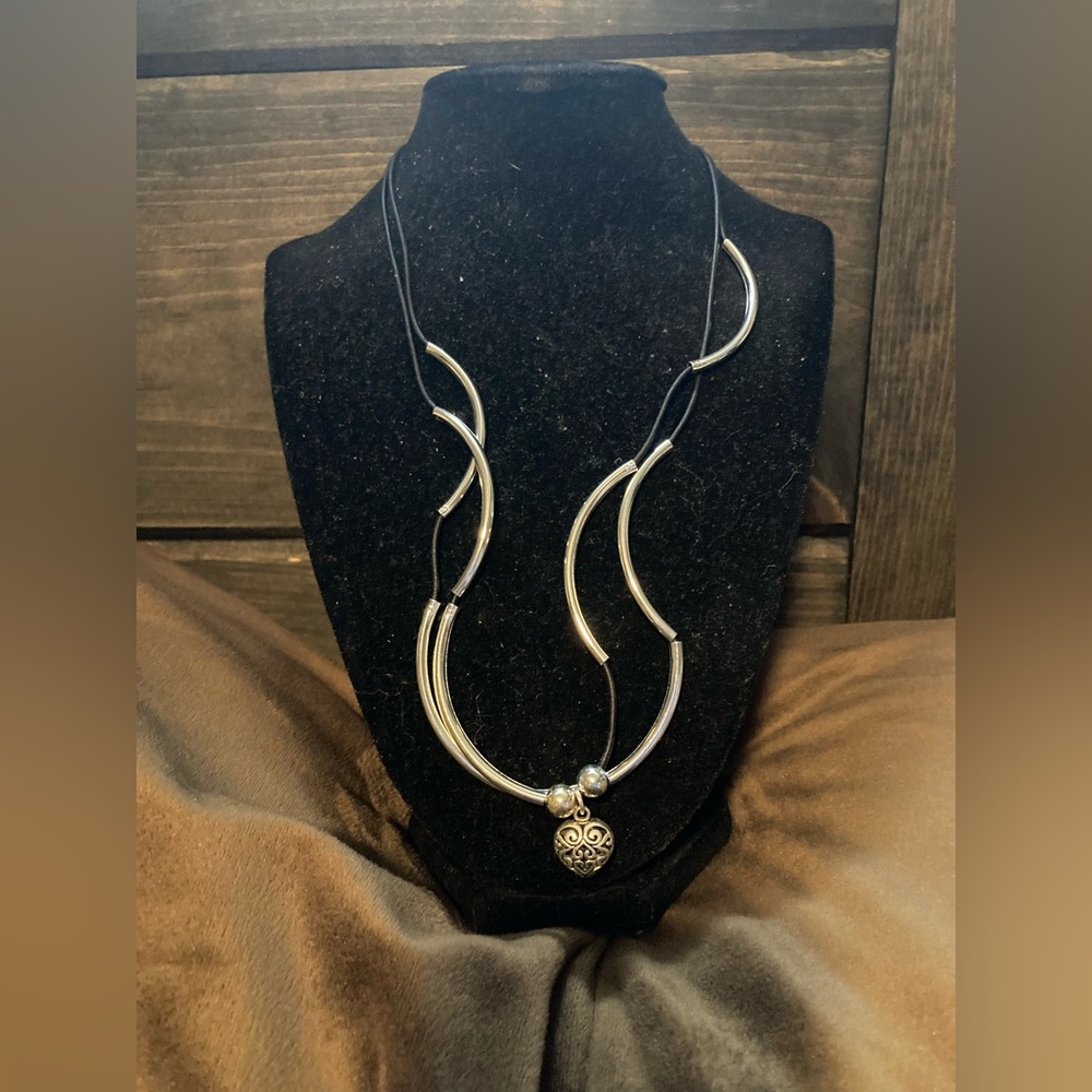 Lizzy James Silver colored and black corded Necklace/wrap bracelet,heart pendant